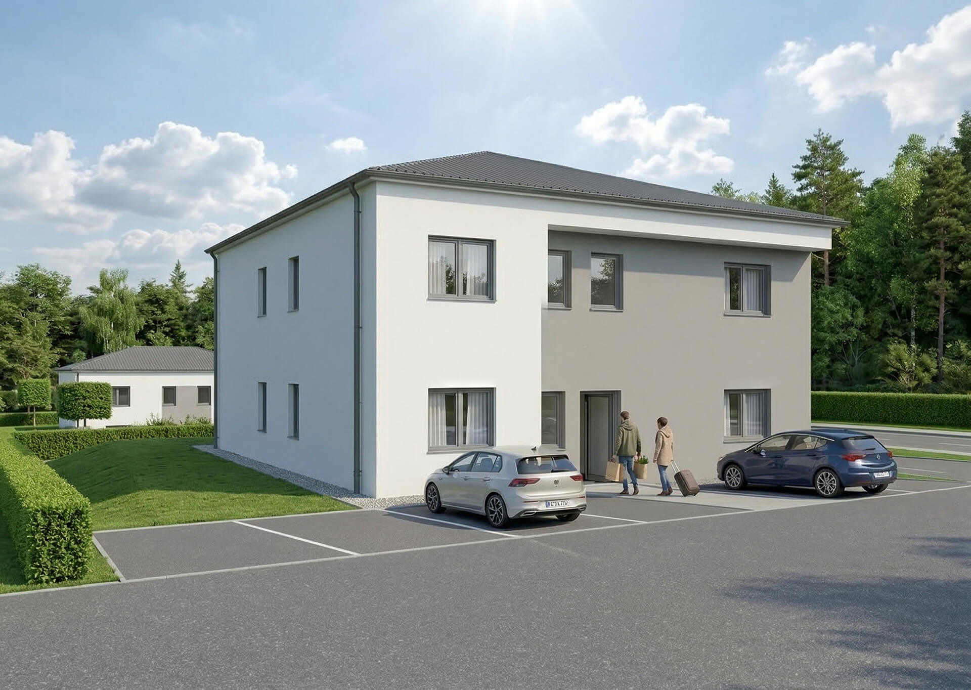 Architekturvisualisierung des Mehrfamilienhauses Am Eifelsteig 39 mit weiß-grauer Fassade, Hauseingang und Stellplätzen.